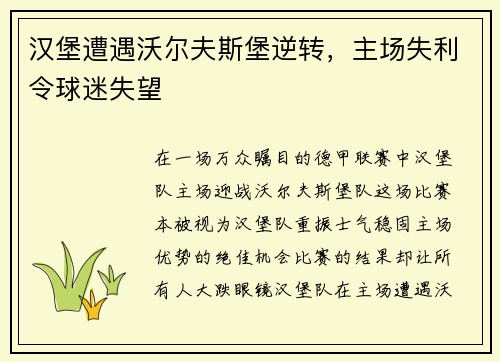 汉堡遭遇沃尔夫斯堡逆转，主场失利令球迷失望
